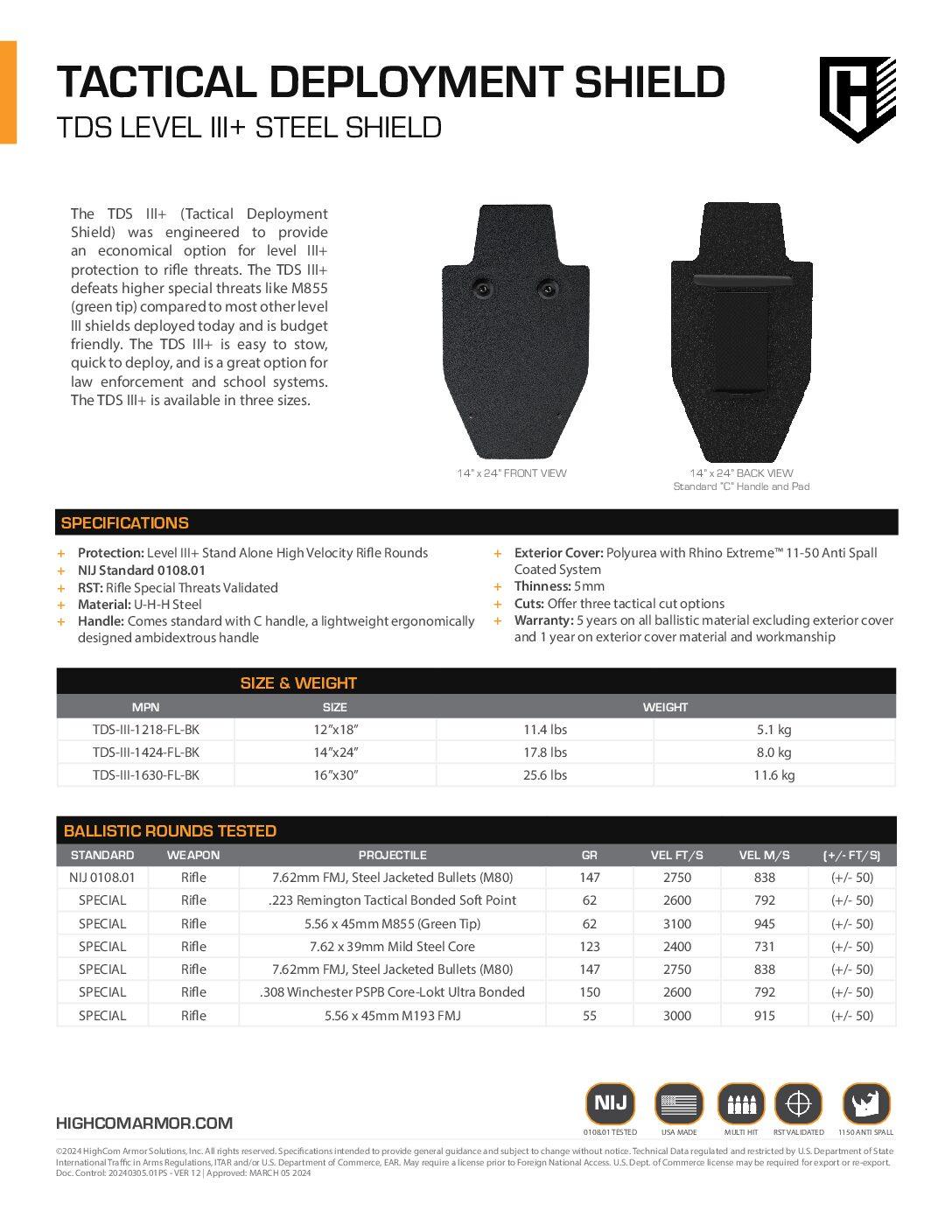 Bellfire TDS III+ Tactical Deployment Shield | HighCom Armor - ArmorLite USA