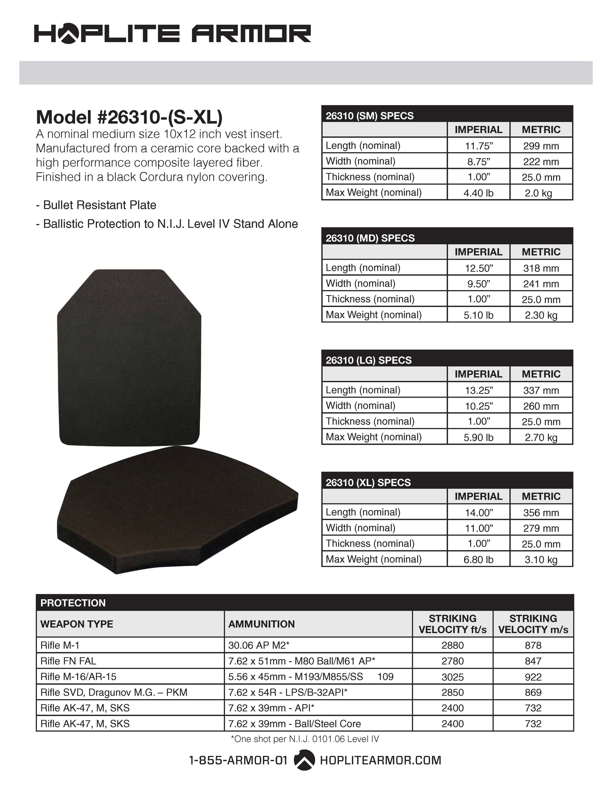Hoplite Body Armor Lightweight SAPI Plates- Level IV (26310) - ArmorLite USA